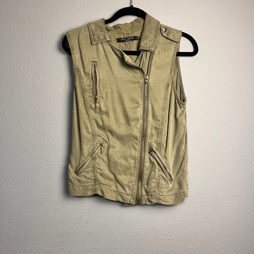 Max Jeans Olive Green Tencel Gorpcore Utility Moto Vest Asymmetrical Zip Medium